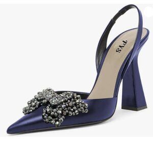 PYS Women's Blue Satin Sandals with Embellished Bow